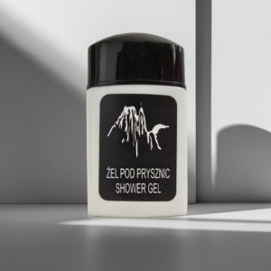 Żel pod prysznic w białej butelce 25ml z czarną nasadką